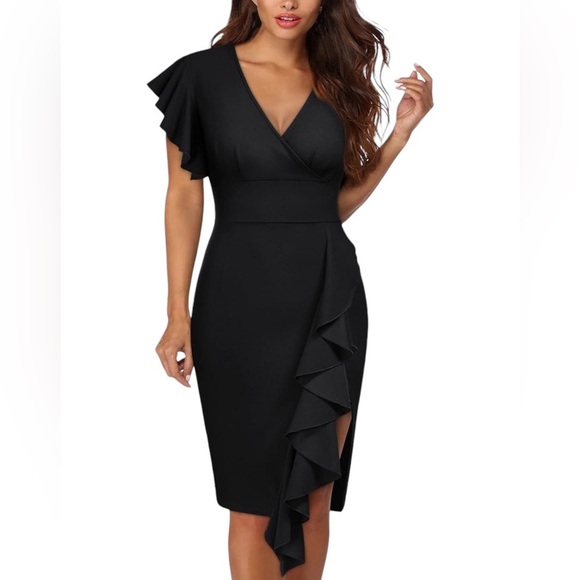 Dresses & Skirts - Black Ruffle Sleeve Fitted Salsa Front Slit Feminine Dress Date Night Size 12-14